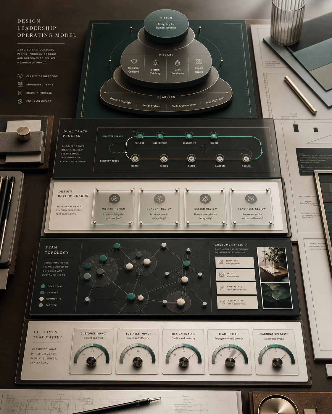 Design leadership operating model connecting people, process, product, and outcomes