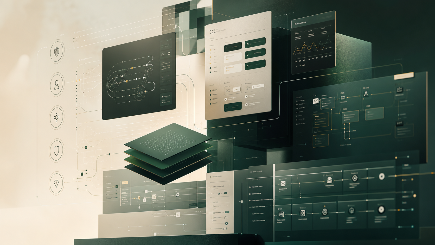 Layered product system artifacts connecting security workflows, identity patterns, and design system surfaces
