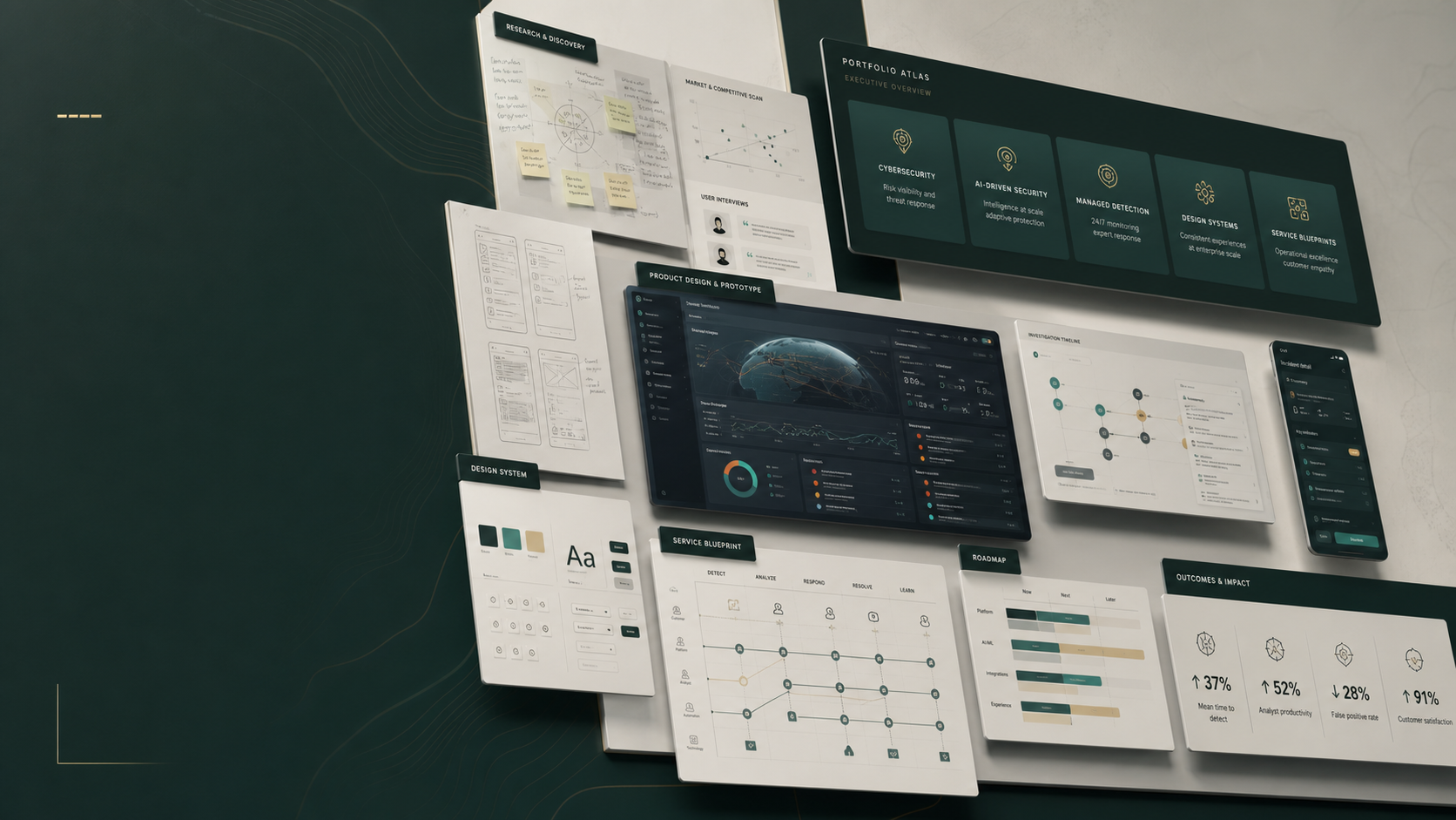 Portfolio atlas of research boards, product prototypes, service blueprints, and outcome metrics