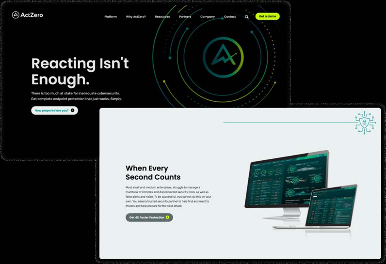 ActZero marketing website showing 'Reacting Isn't Enough' hero headline and product dashboard section