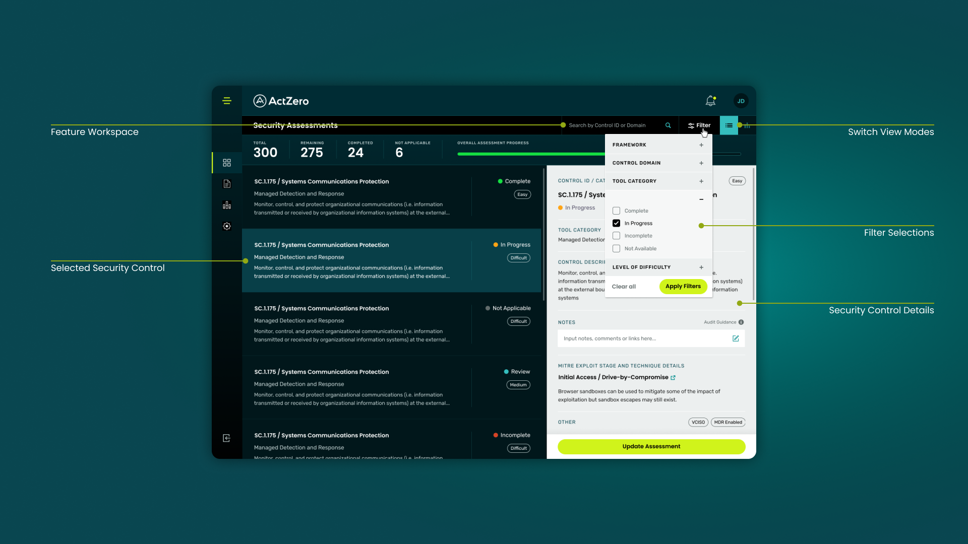 ActZero Security Assessments feature workspace showing control list with status badges, filter panel with framework and domain options, and security control detail panel with notes and update assessment action