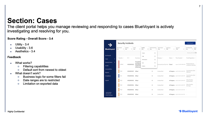 UX evaluation of legacy BlueVoyant Cases section — overall score 3.4 with feedback on filter logic and export limitations
