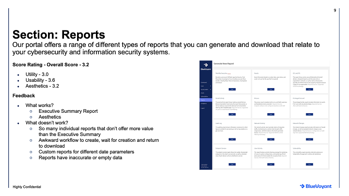 UX evaluation of legacy BlueVoyant Reports section — overall score 3.2 with feedback on redundant report types and awkward generation workflow