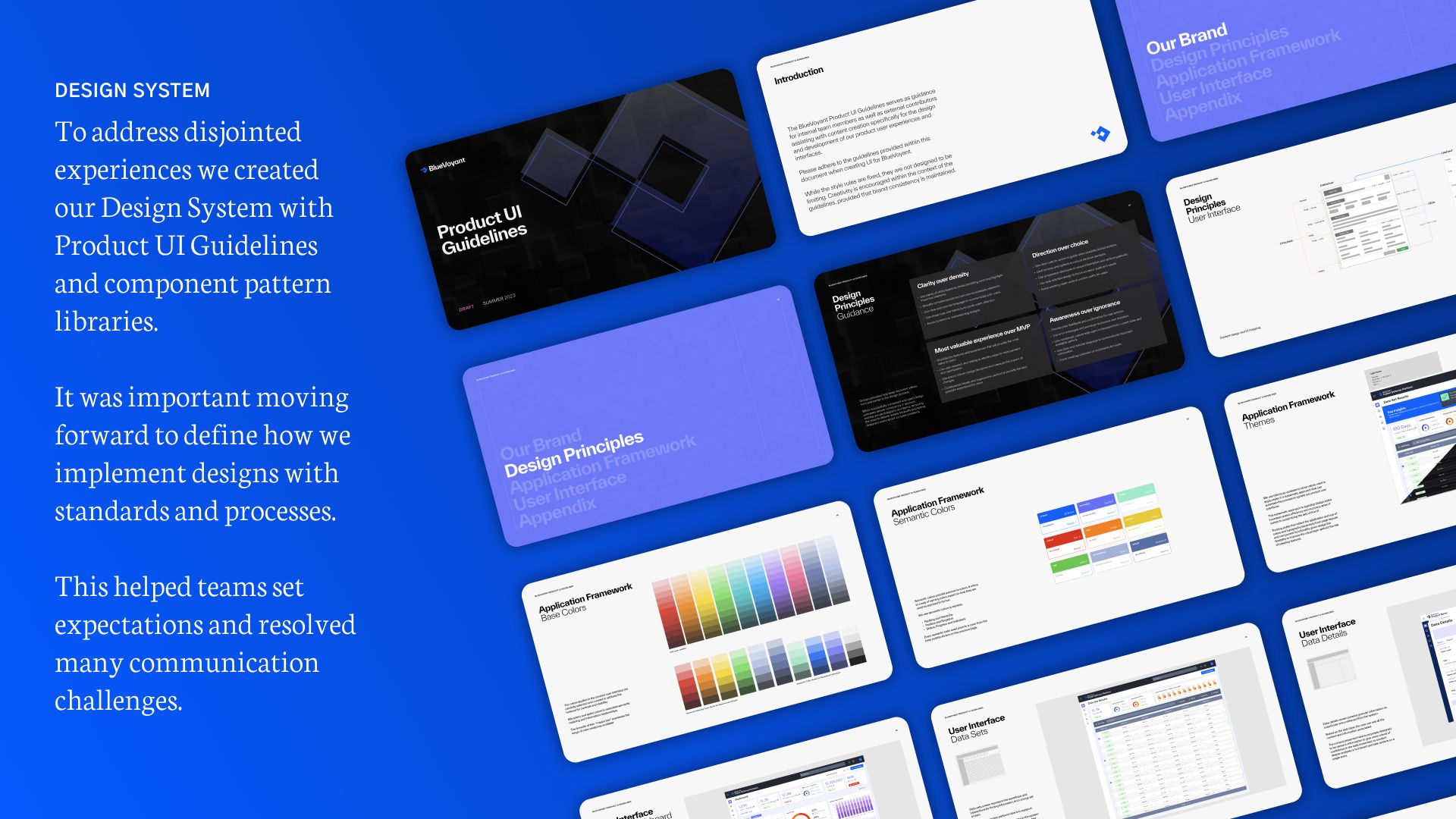 BlueVoyant Product UI Guidelines overview spread — design principles through application templates