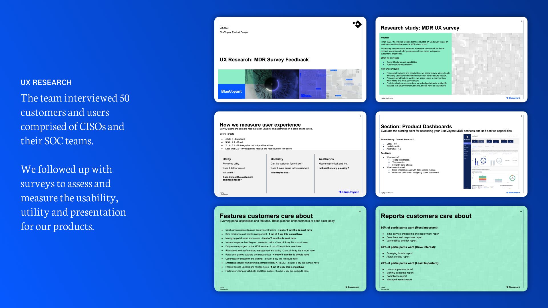 BlueVoyant UX Research MDR Survey Feedback — methodology and prioritized feature findings from 50 customer interviews