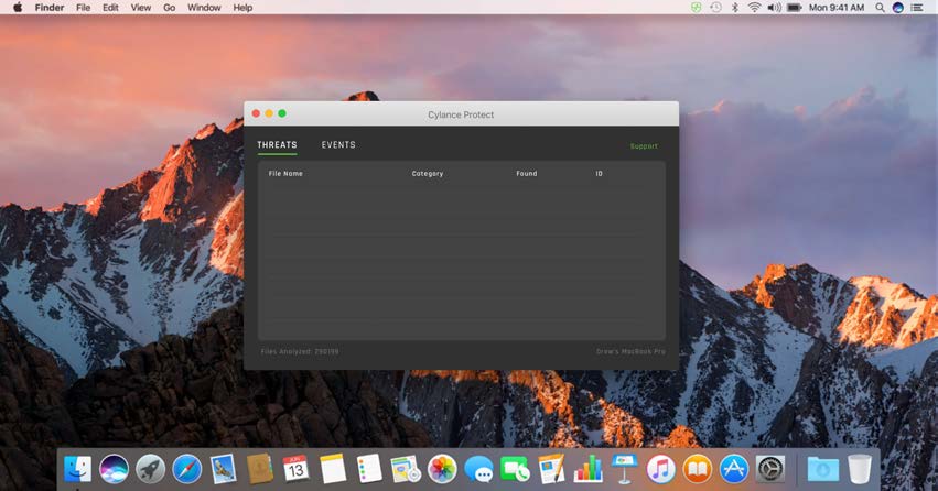 CylancePROTECT desktop app on macOS — showing Threats and Events tabs with file analysis count