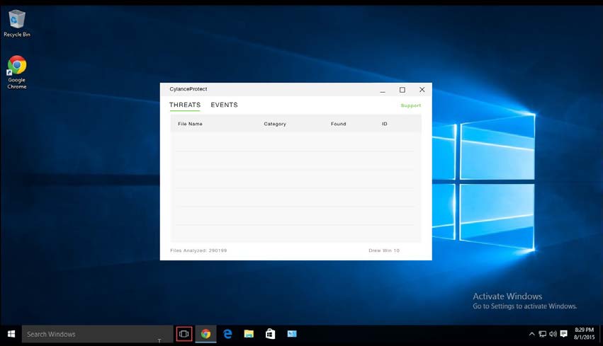 CylancePROTECT desktop app on Windows 10 — same Threats and Events structure in a light platform-native treatment