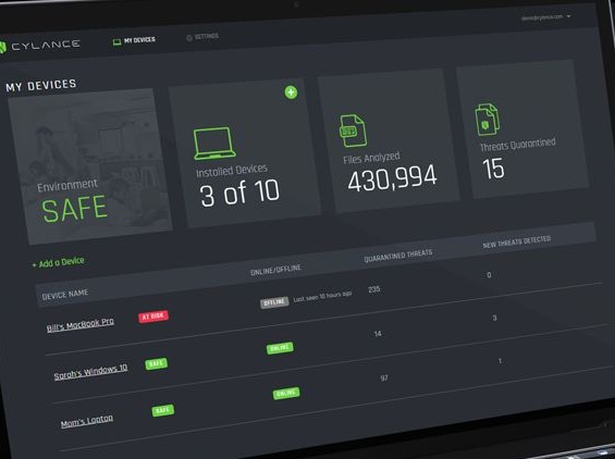 CylancePROTECT Home Edition portal — My Devices dashboard showing Environment SAFE status, 3 of 10 installed devices, 430,994 files analyzed, 15 threats quarantined, and per-device status rows