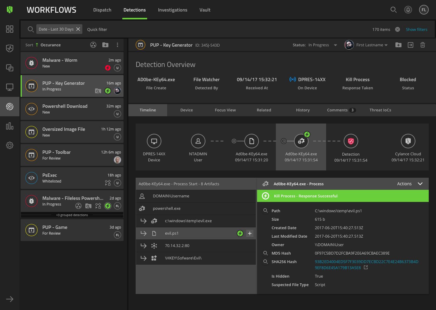 Cylance Optics Workflows — Detections view showing active investigation with kill chain timeline and file artifact detail