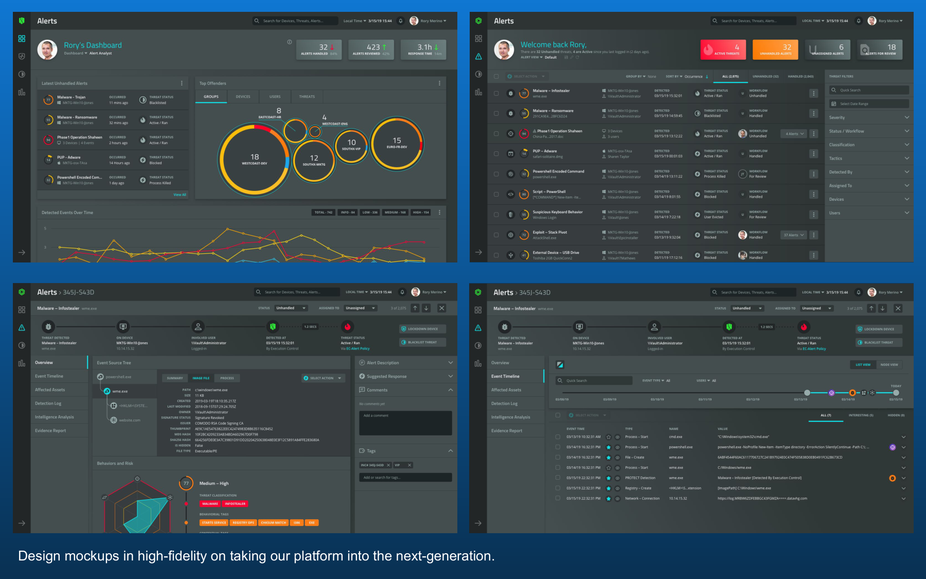 Next-generation SOC platform concept — dark-themed multi-panel interface showing alerts dashboard with risk scoring, alert detail view with investigation timeline and AI analysis, and team collaboration features