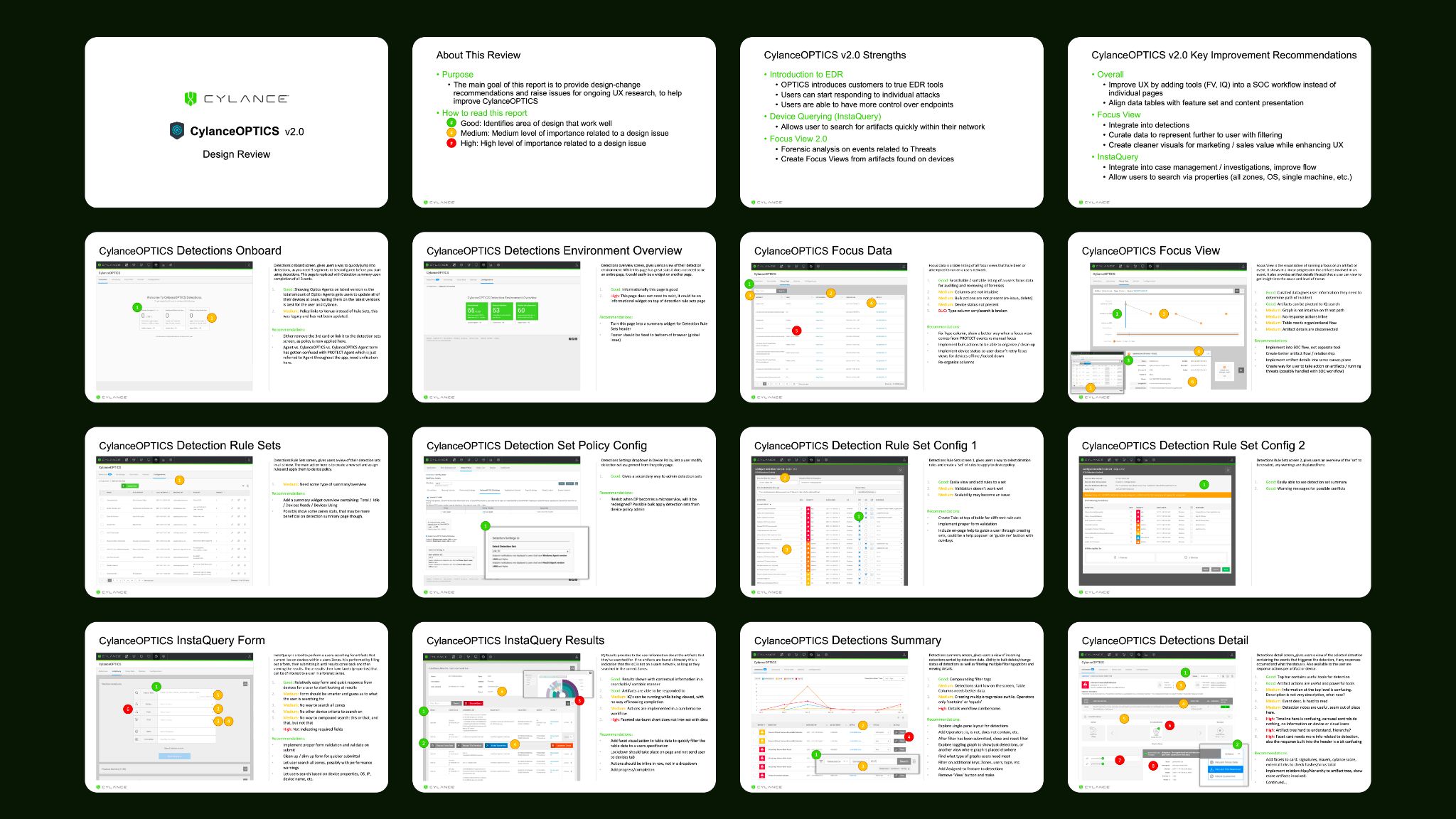 Cylance OPTICS v2.0 design review document showing multiple annotated screens including Detections, Focus Data, Focus View, Detection Rule Sets, InstaQuery, and Detections Detail with improvement recommendations