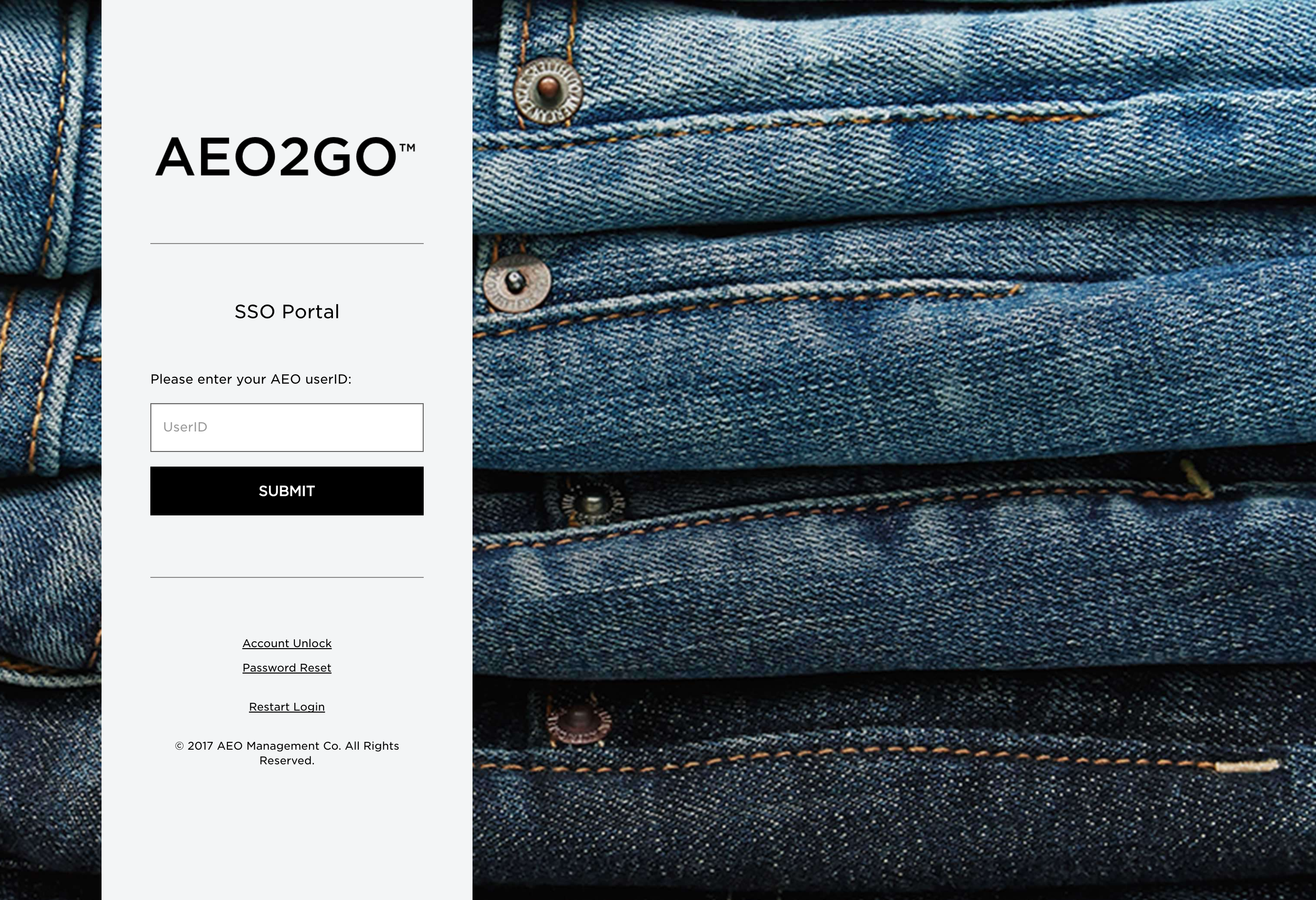 American Eagle AEO2GO SSO portal — white form panel over branded denim photography