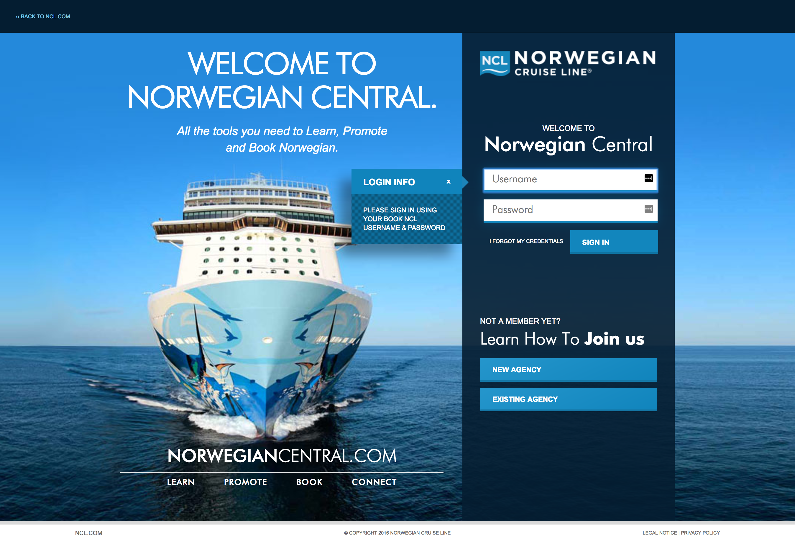 Norwegian Cruise Line Norwegian Central login — light promotional hero and dark navy sign-in panel