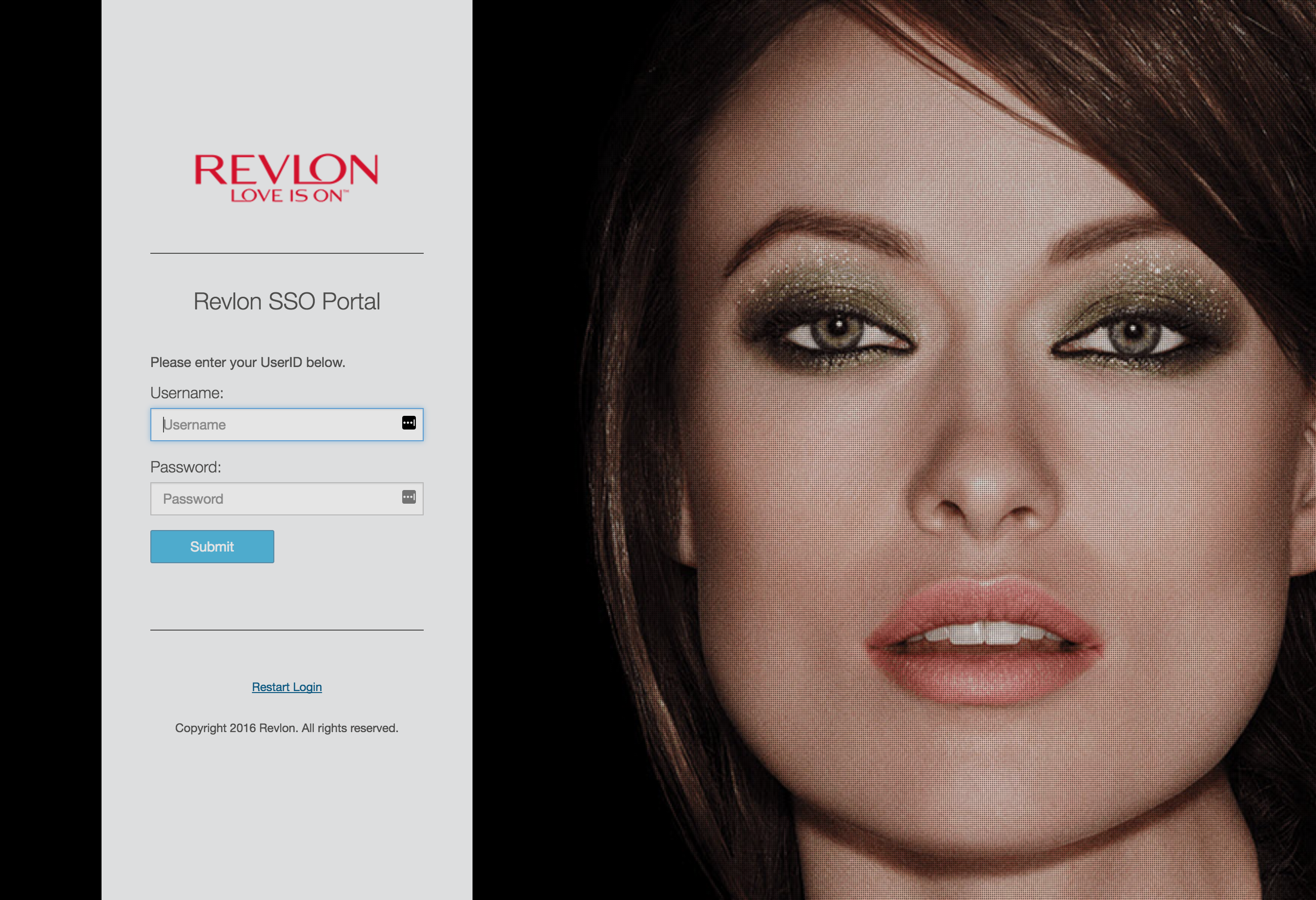 Revlon SSO portal — light gray form panel beside dark branded photography